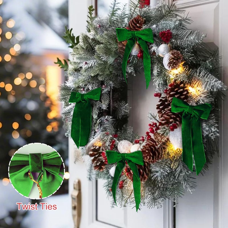 Zesua Christmas Decorations - Christmas Bows - 24 Pcs 7 x 6 inch Medium Green Velvet Bows for Christmas Tree - Xmas Ribbon Ornaments - Home Decor for Wreath Garland Gift Wrapping Crafts Wedding Party - Image 4